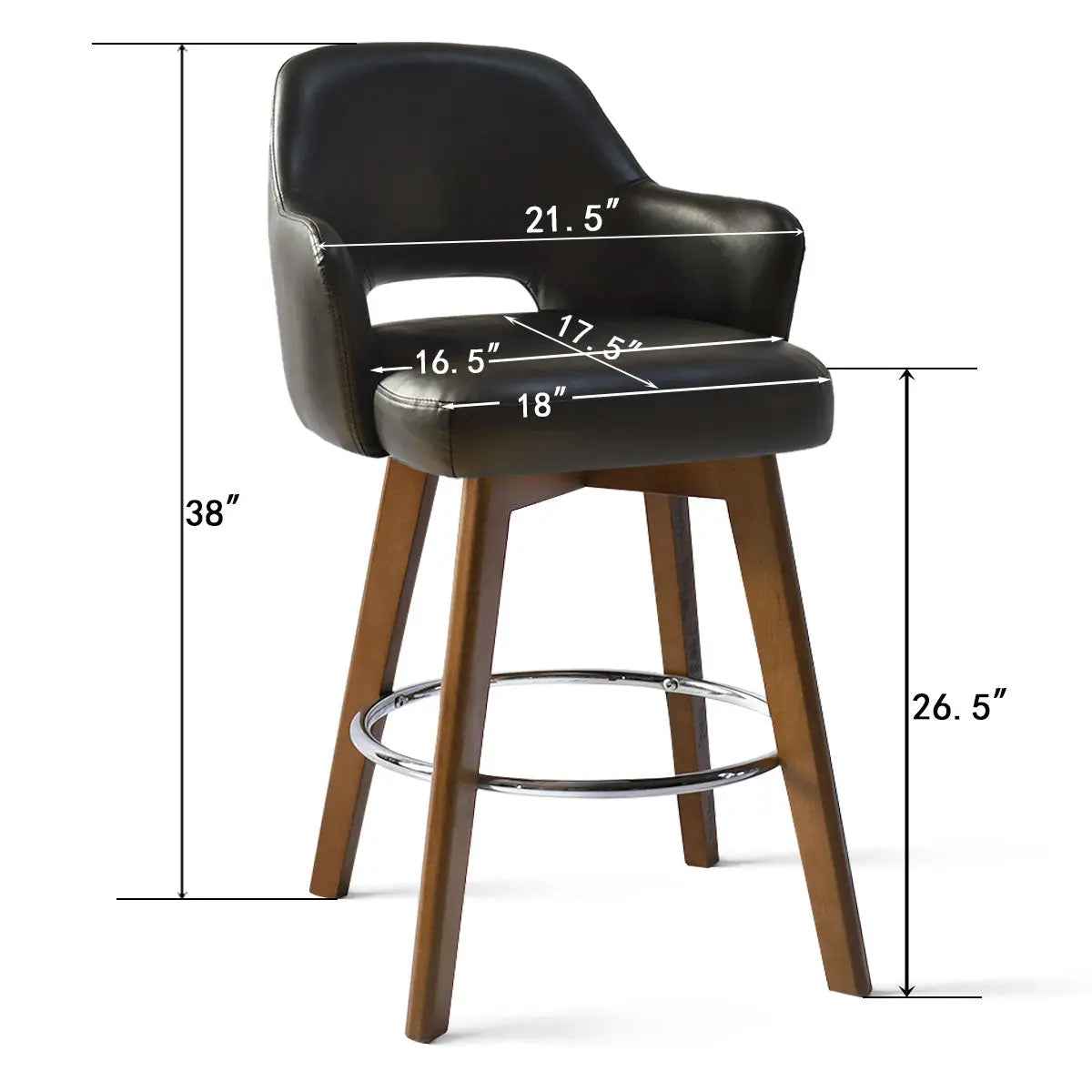 Edward Leather Swivel Counter Stool with Arms dimensions; wood legs and black leather seat.