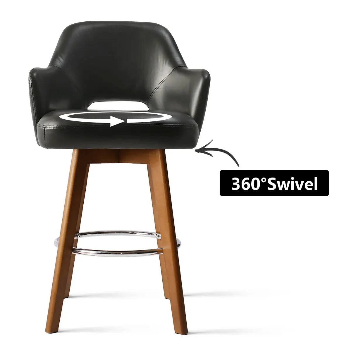 Black leather Edward swivel counter stool with wooden legs and arms, 360-degree rotation feature.