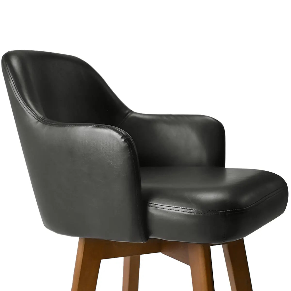 Edward Leather Swivel Counter Stool with Arms, black leather, wooden legs, modern design, close-up view.