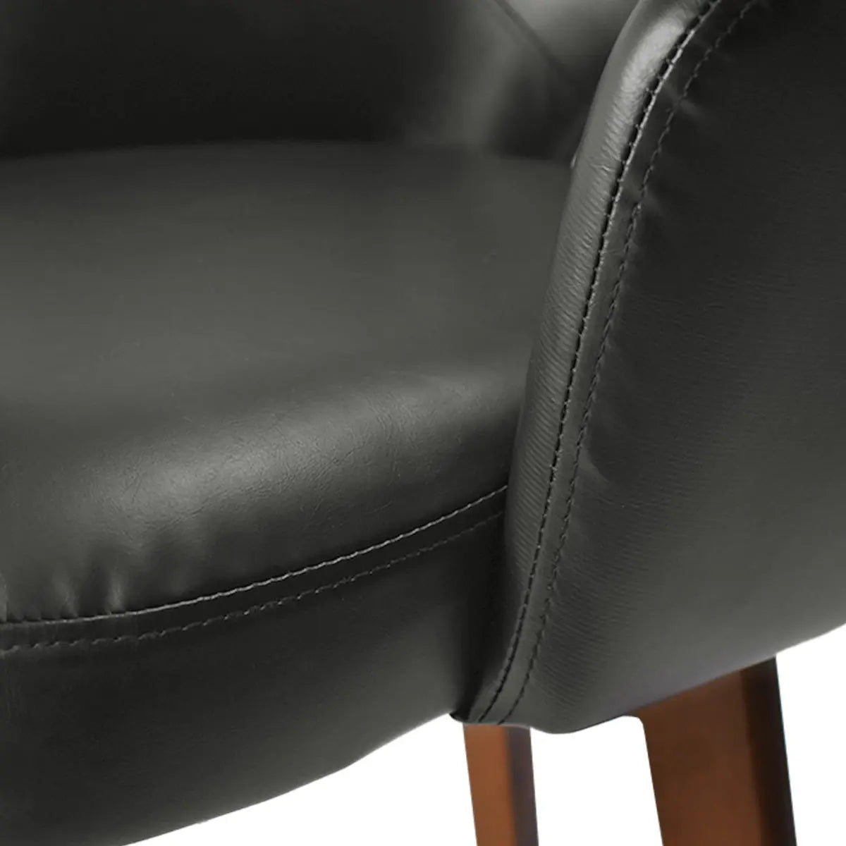 Close-up of Edward Leather Swivel Counter Stool with Arms featuring black leather and wooden legs.