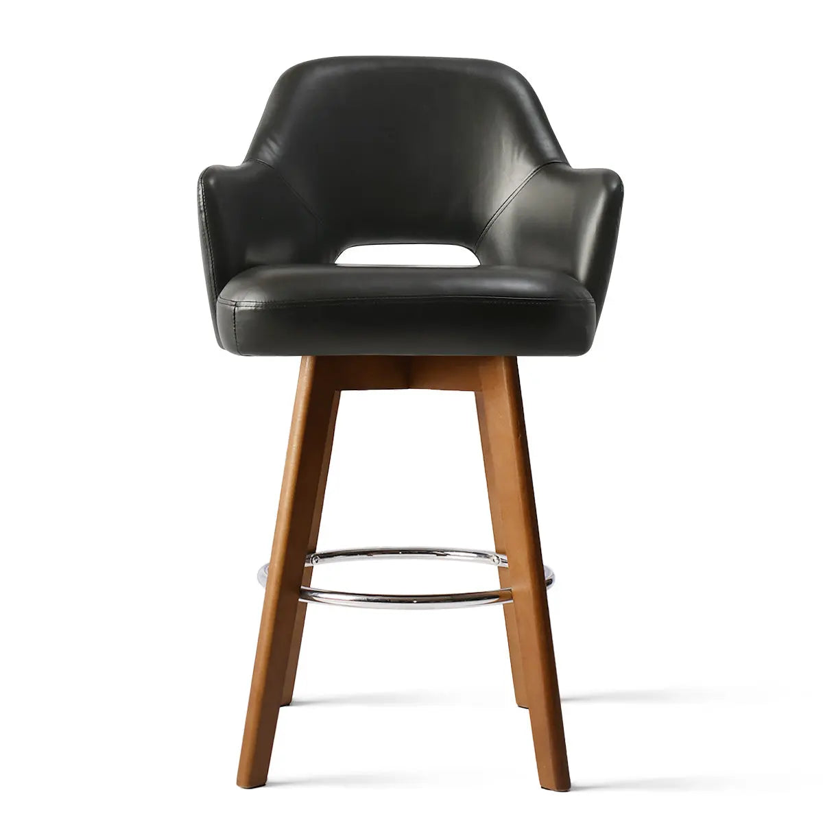 Edward Leather Swivel Counter Stool with Arms in modern style, wooden legs, black upholstery.