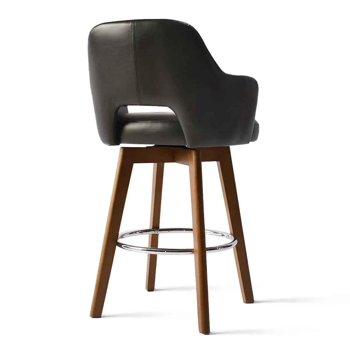 Edward Leather Swivel Counter Stool with Arms, brown wood legs, modern bar seating design.