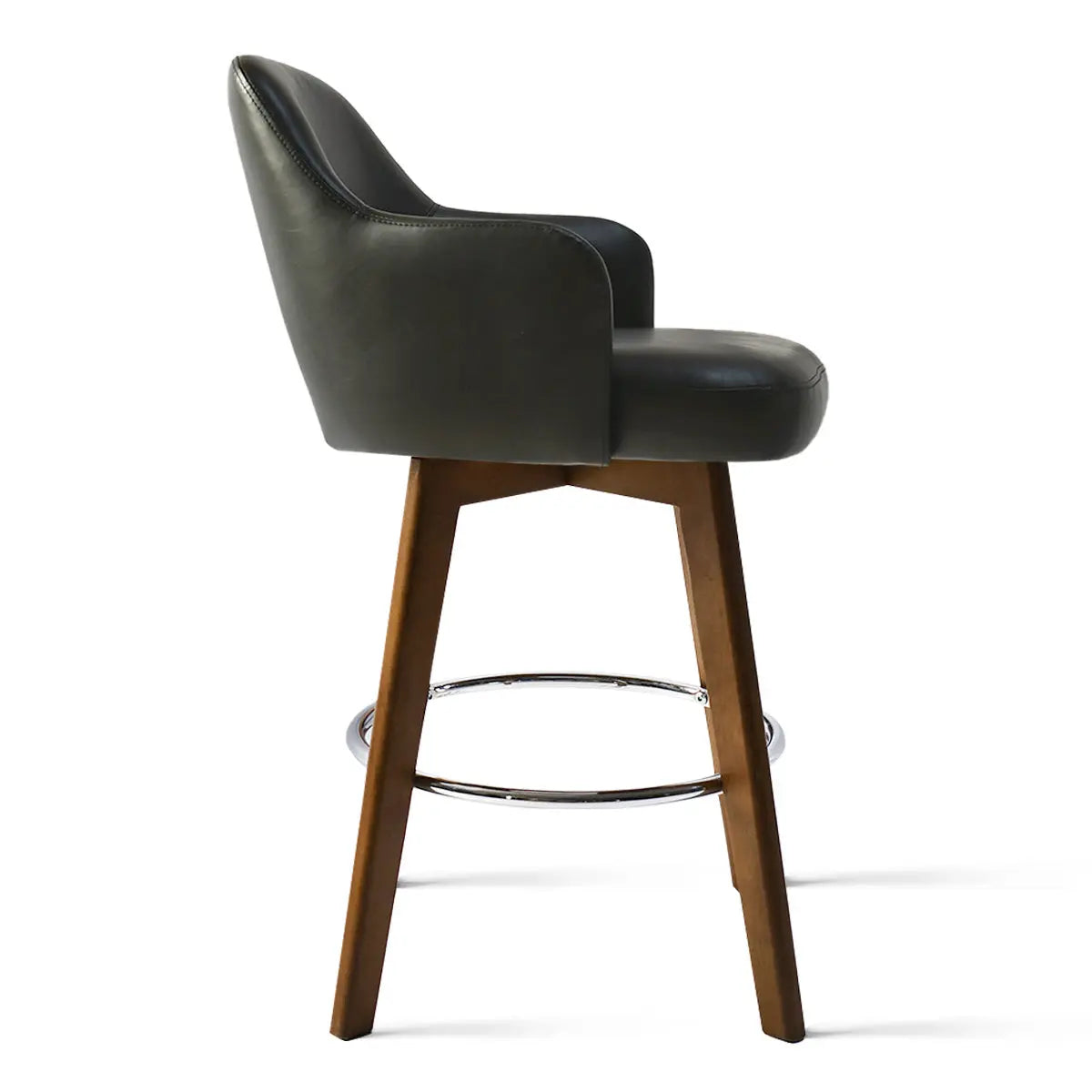 Edward Leather Swivel Counter Stool with Arms, wooden legs, dark upholstery, modern seating design, counter stool.