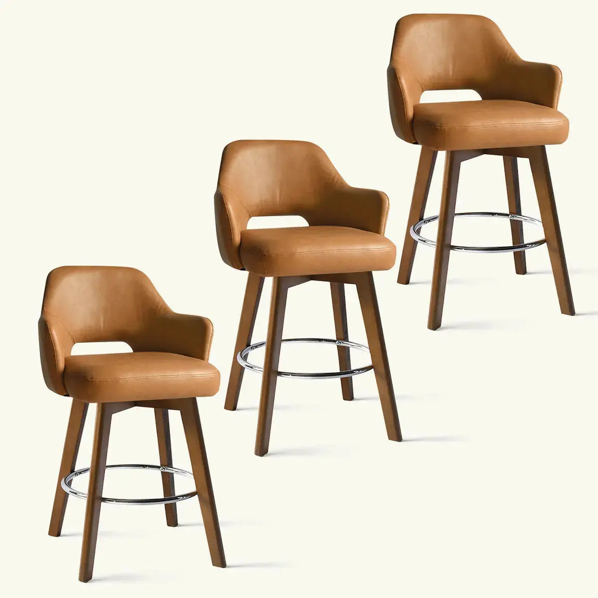 Aubrie Collection Edward Leather Swivel Counter Stool, light wood legs, three stools.