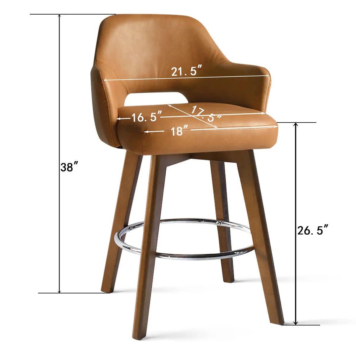 Edward Leather Swivel Counter Stool with Arms, dimensions shown, elegant tan finish with wooden legs.