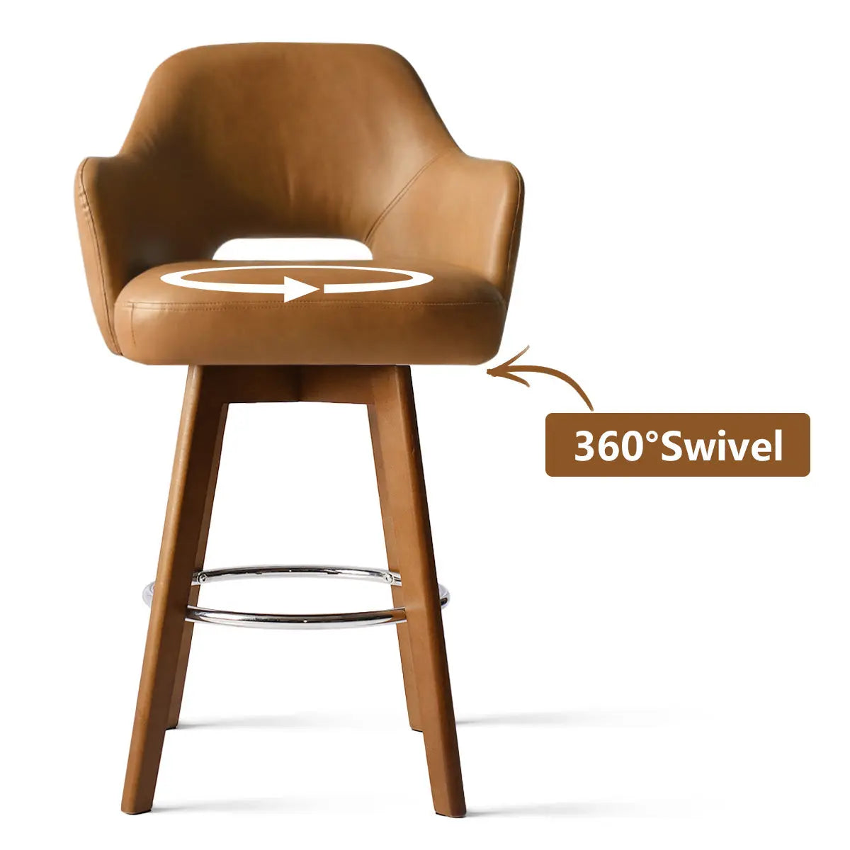 Edward Leather Swivel Counter Stool with Arms, featuring 360-degree swivel, brown leather seat, wooden legs.