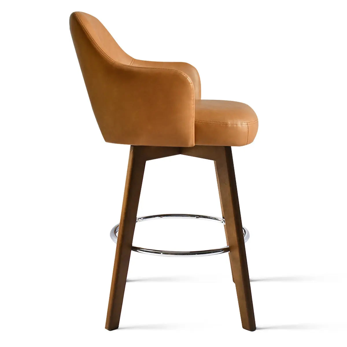 Edward Leather Swivel Counter Stool with Arms in tan, wood legs, modern kitchen seating.