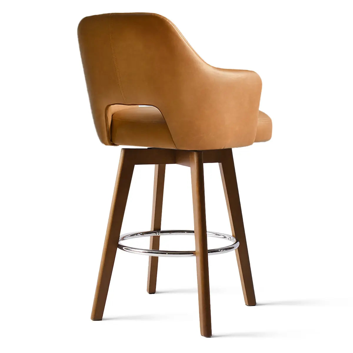 Edward Leather Swivel Counter Stool, tan leather, wooden legs, perfect for modern kitchen or bar area.