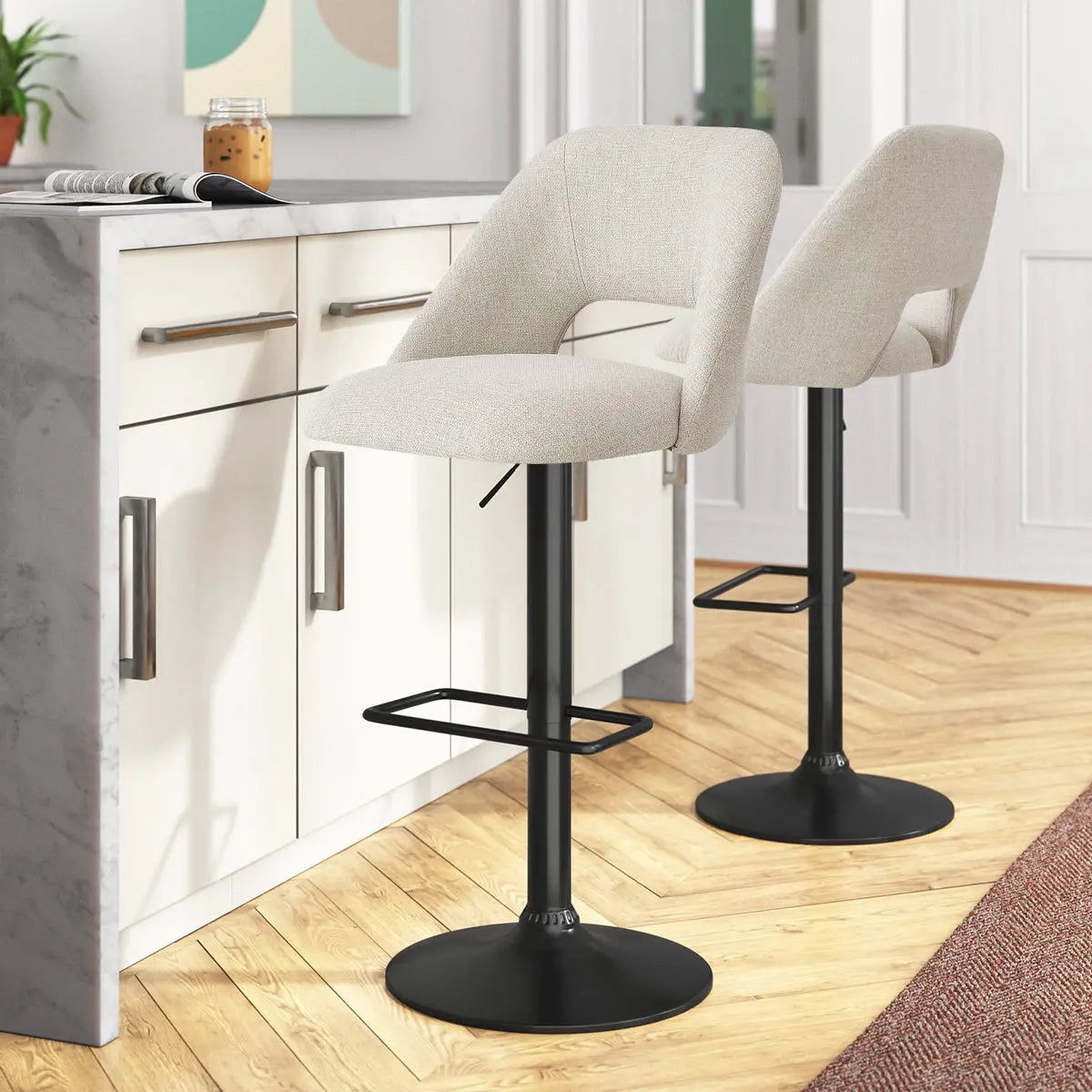 Edwin 24" modern stool set; light kitchen, marble countertop, wood flooring, contemporary style.