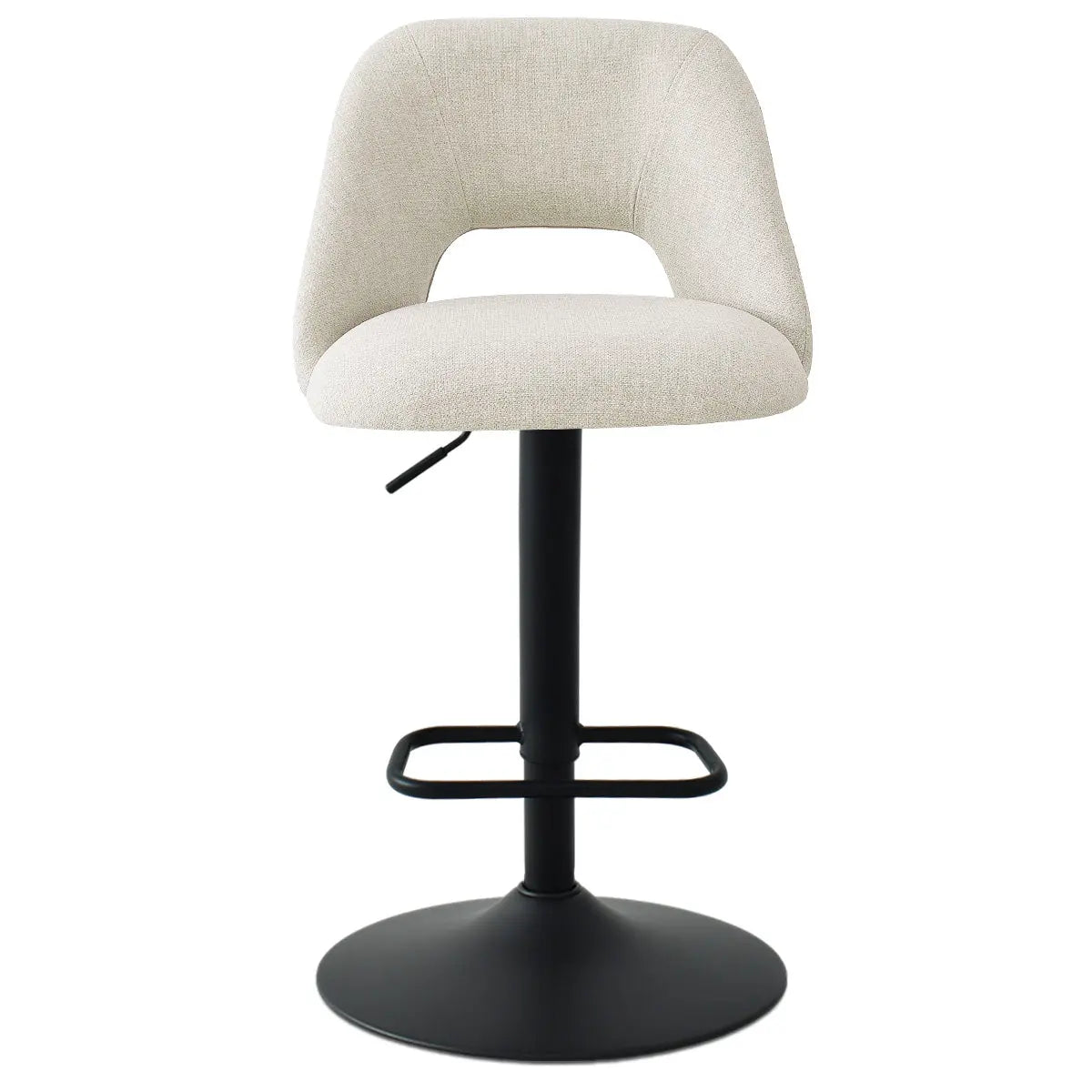 Edwin Modern Upholstered Swivel Adjustable Counter Stool, gray fabric, black metal base, contemporary design.