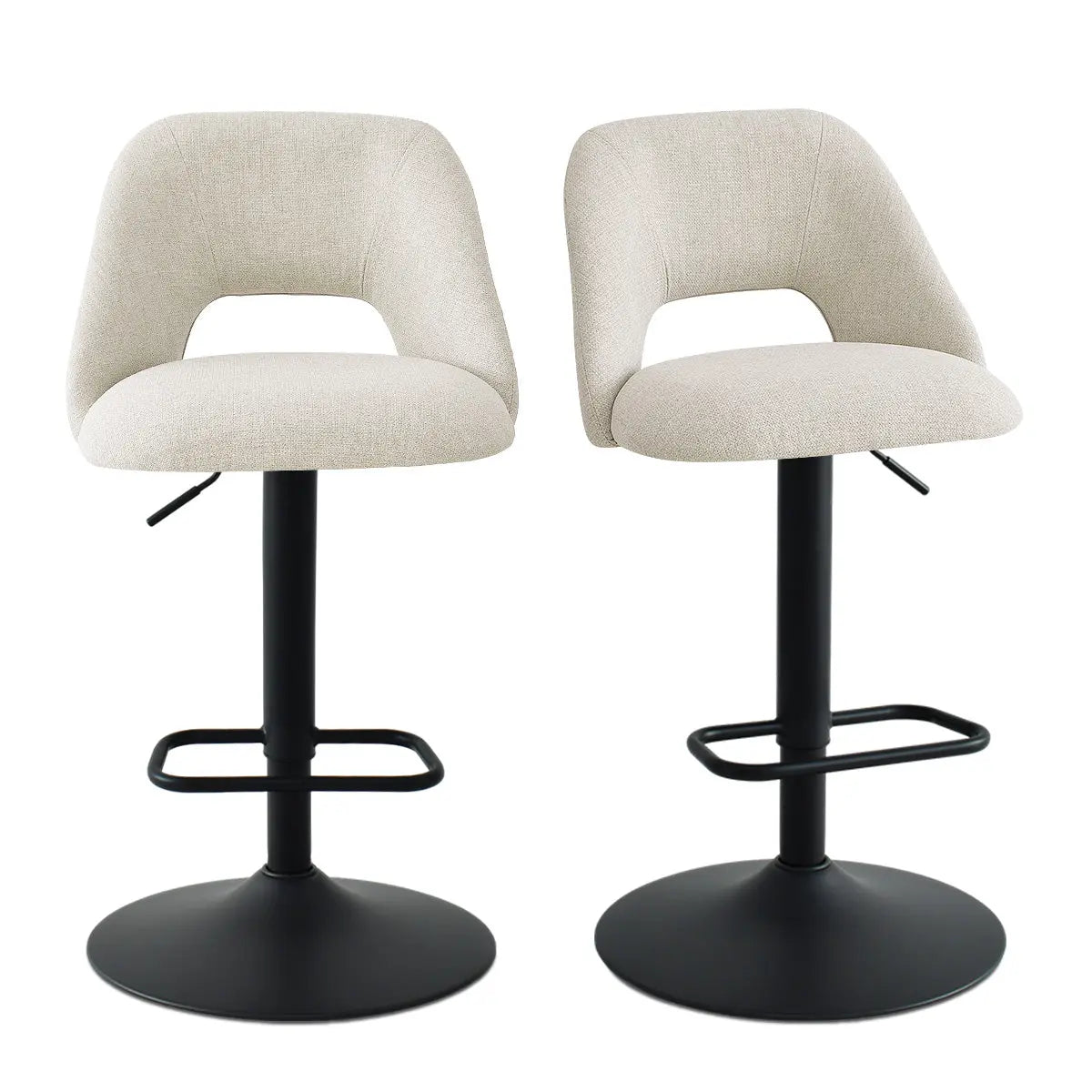 Edwin Modern Swivel Counter Stool pair; upholstered seating with adjustable height feature.