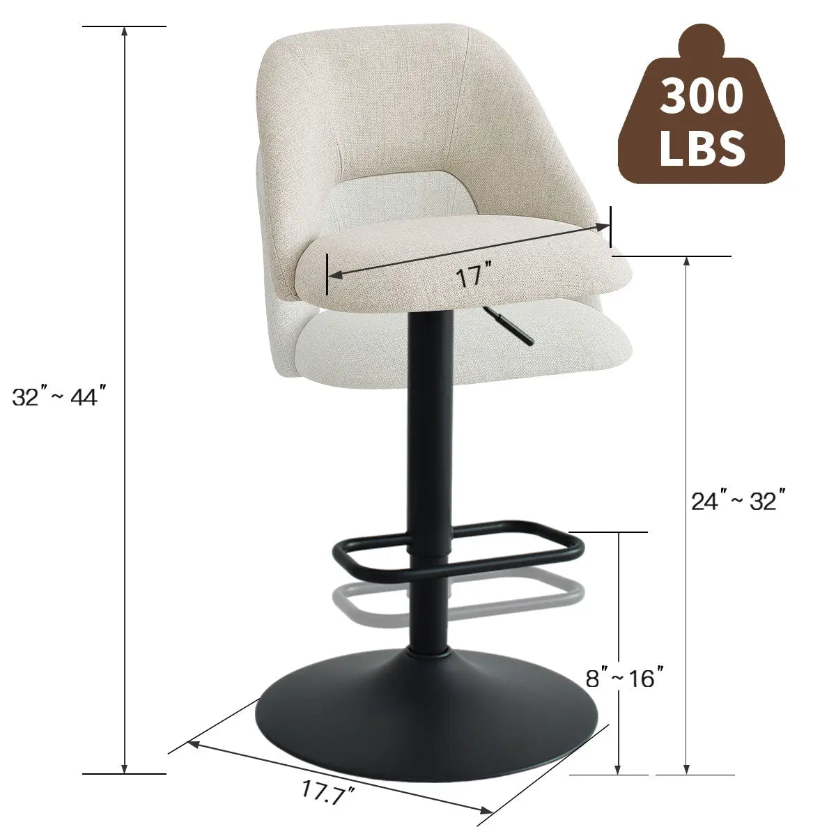 Edwin Modern Upholstered Swivel Adjustable Counter Stool, dimensions 32"-44", beige fabric, black base.