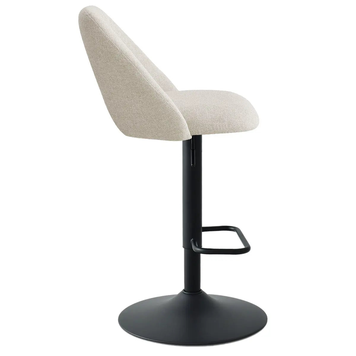 Edwin swivel adjustable counter stool, modern upholstered design, black base, neutral fabric seat.