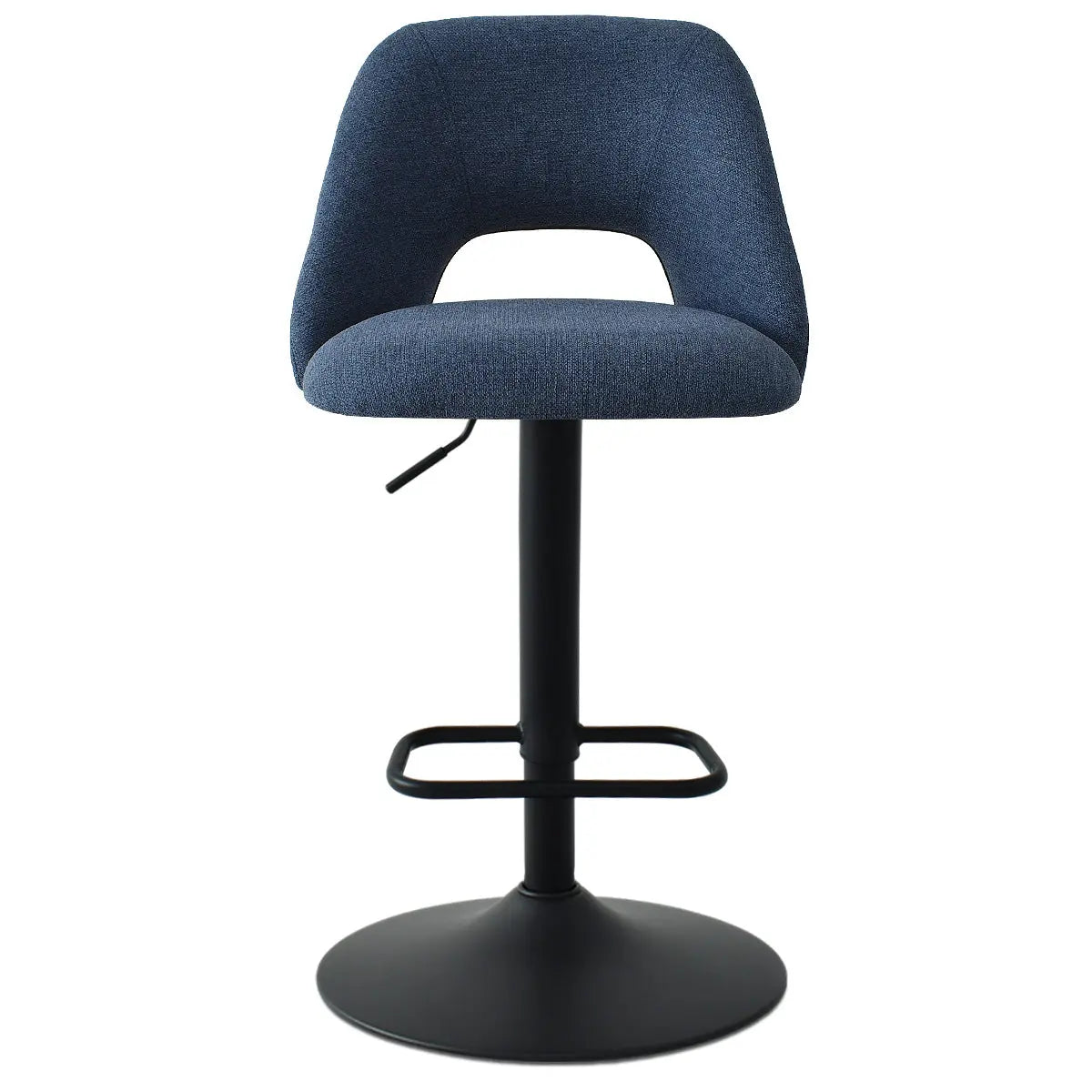 Edwin Upholstered Swivel Adjustable Counter Stool, modern blue fabric, metal base, ergonomic design.