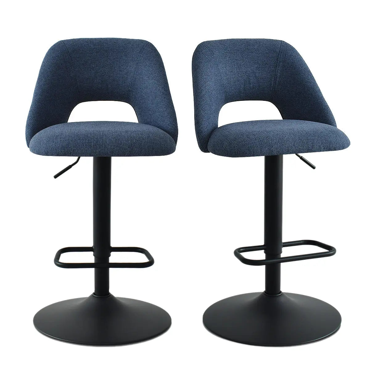 Edwin Modern Upholstered Swivel Counter Stool, blue fabric, black base, adjustable height, pair view.