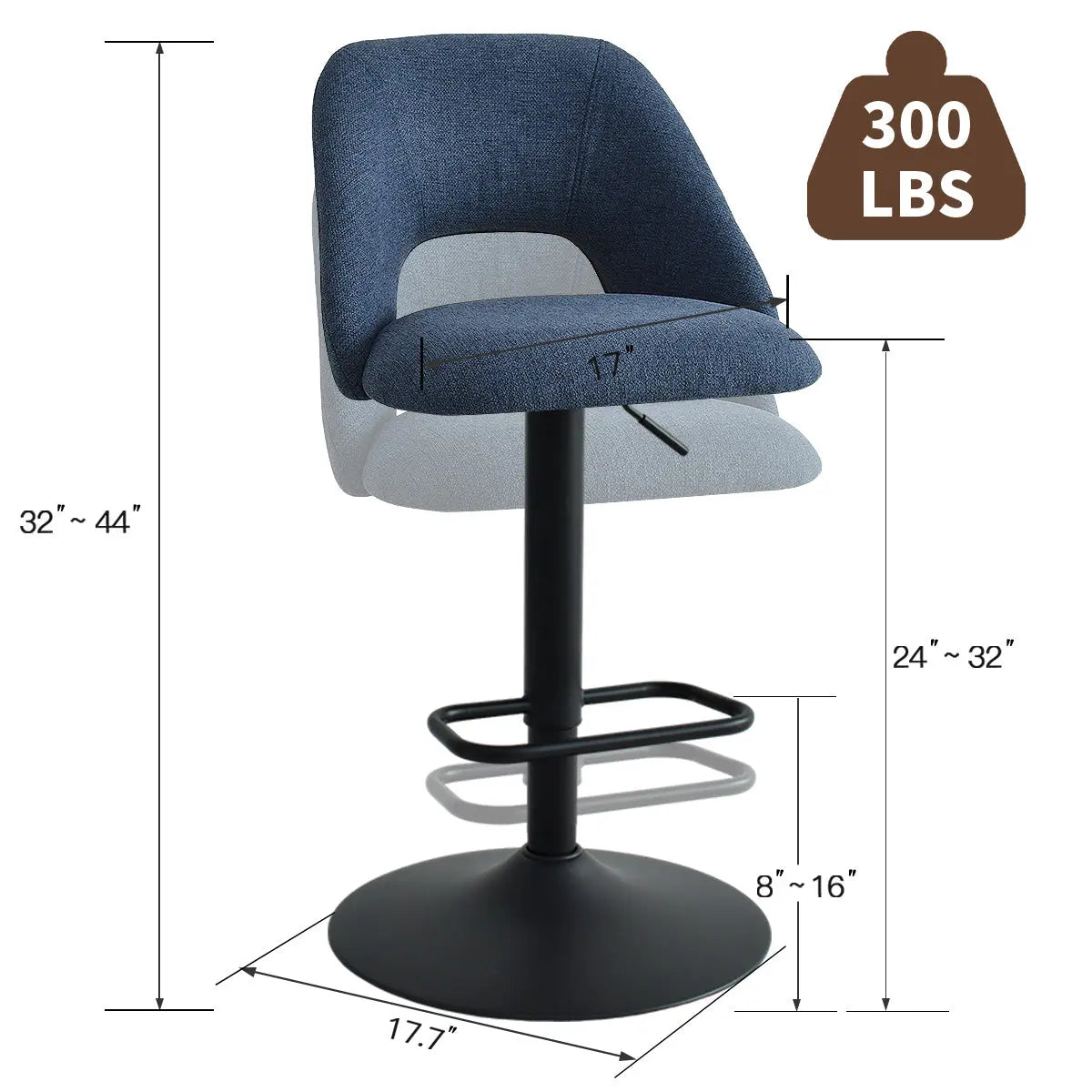 Edwin Modern Upholstered Swivel Adjustable Counter Stool, 300 lbs capacity, dimensions included.