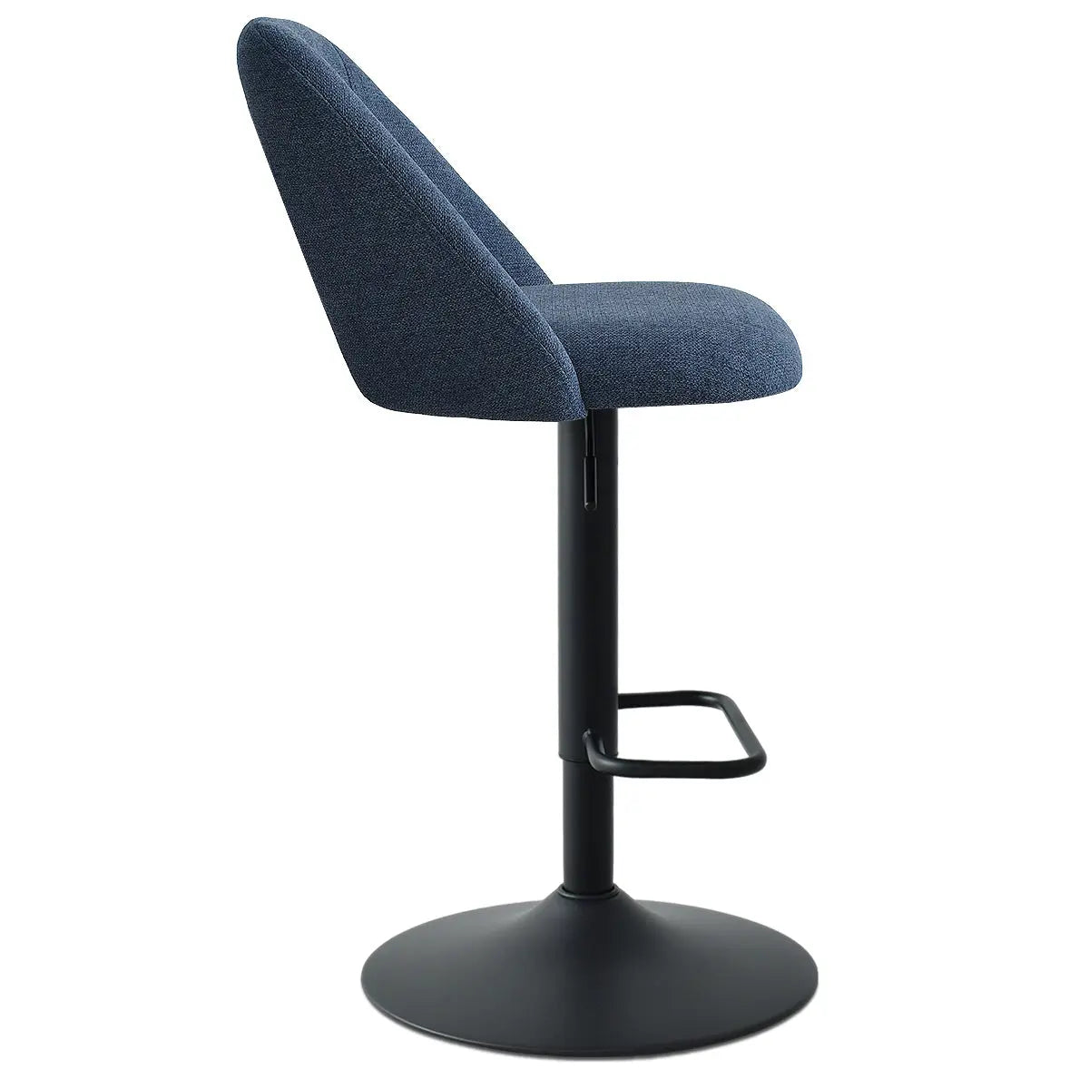 Edwin Modern Upholstered Swivel Adjustable Counter Stool with dark base; blue fabric seat.