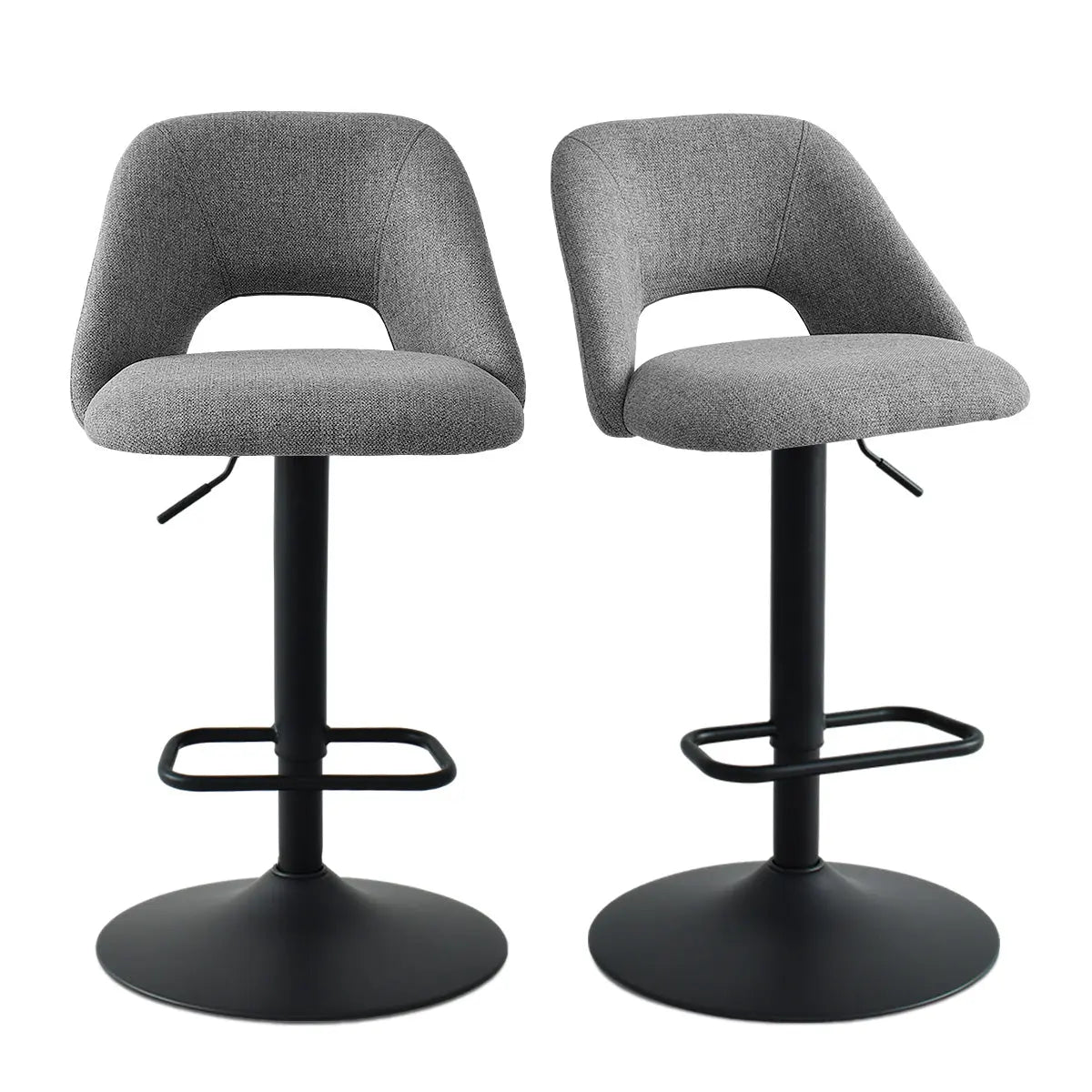 Edwin Modern Upholstered Swivel Adjustable Counter Stools, grey fabric, black base, adjustable height.