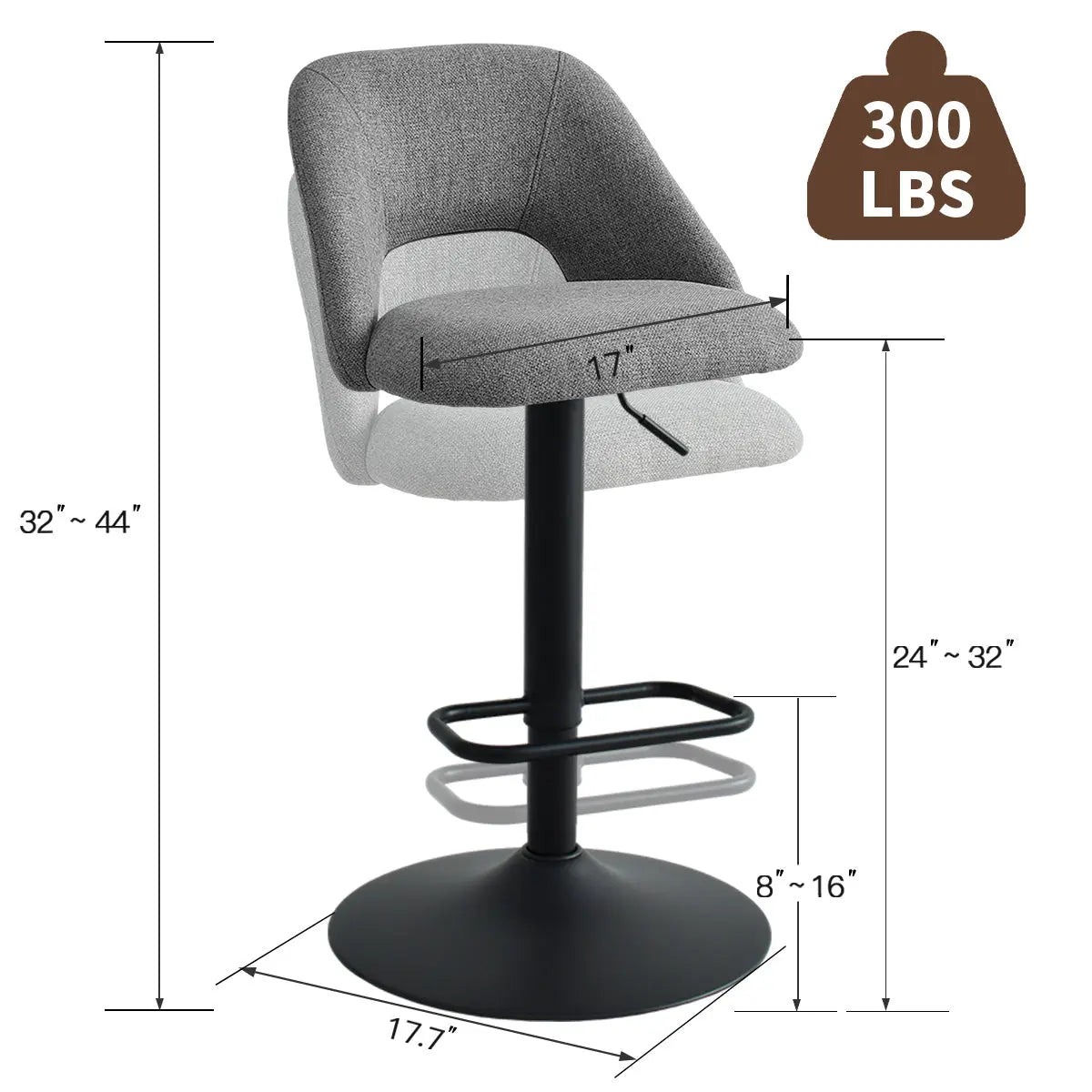 Edwin Modern Upholstered Adjustable Swivel Counter Stool dimensions, gray fabric, black metal base.