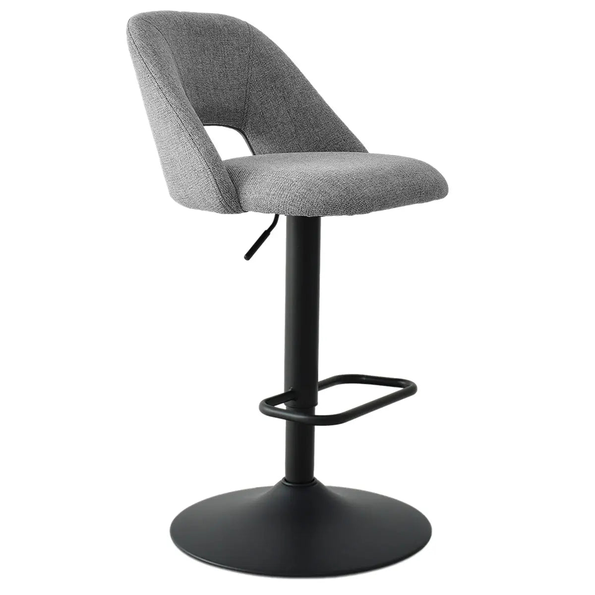 Edwin Modern Upholstered Swivel Adjustable Stool in grey fabric with black base, swivel feature.