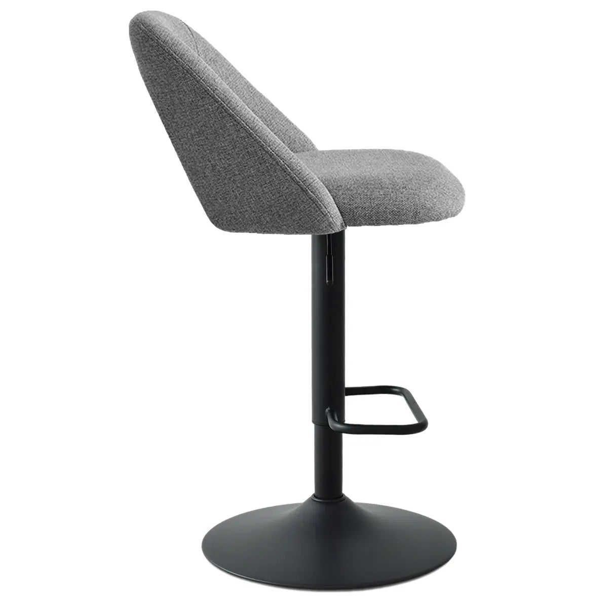 Edwin swivel adjustable counter stool, grey upholstery, modern design, black base, side view detail.