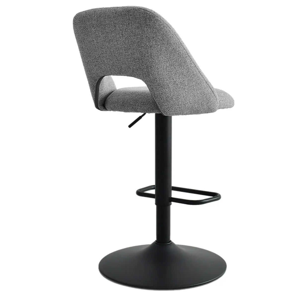 Edwin Upholstered Swivel Adjustable Counter Stool, gray fabric, black base; modern minimalist style.