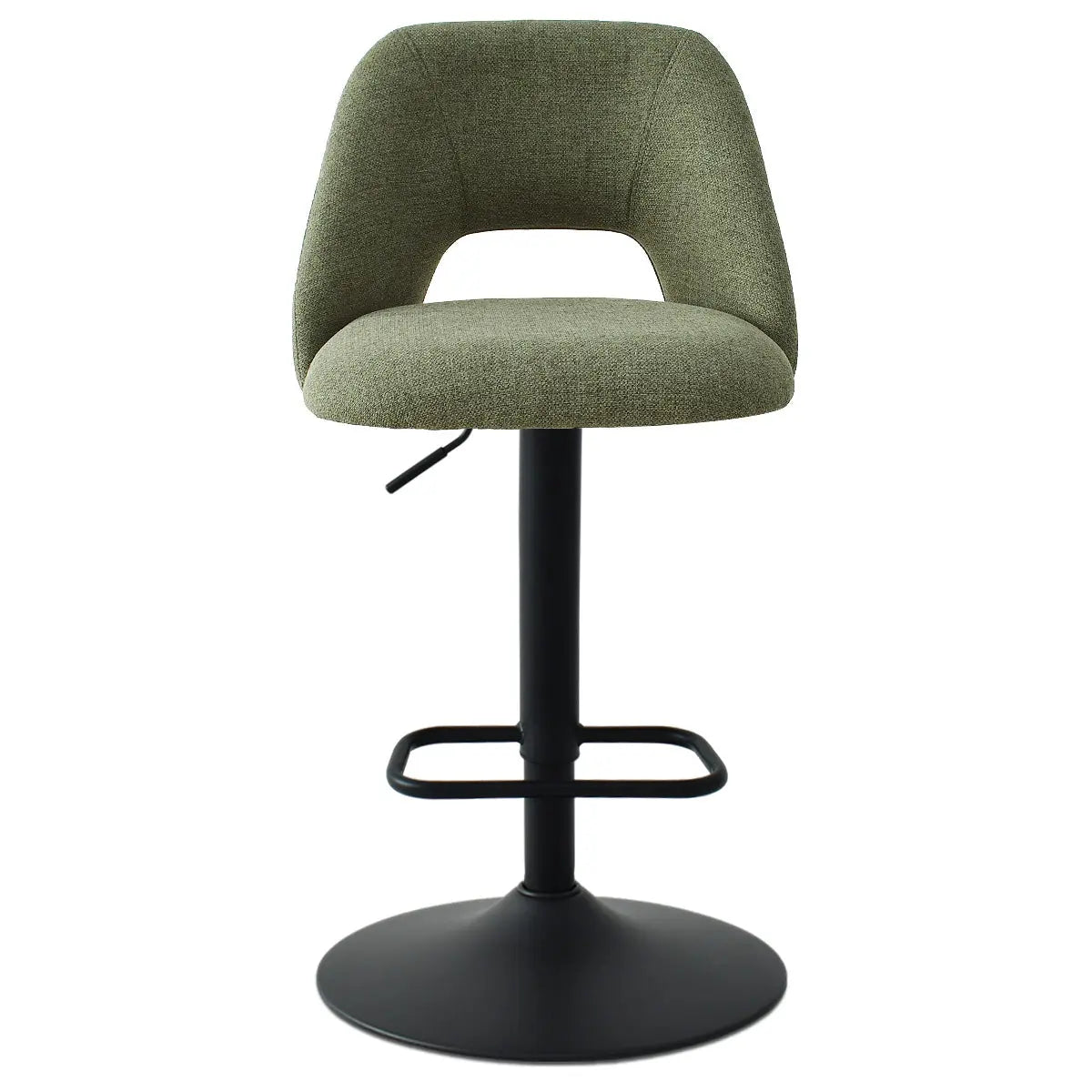 Olive green Edwin Modern Upholstered Swivel Adjustable Counter Stool with black base, open back design.