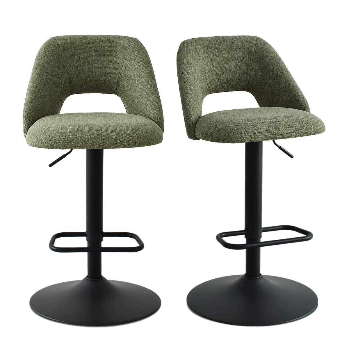 Edwin modern green upholstered swivel stools, adjustable height with black bases, in kitchen setting.