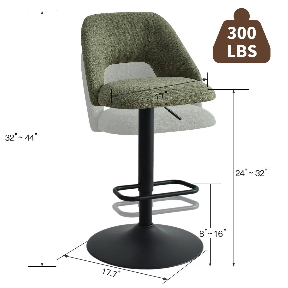 Edwin Upholstered Swivel Adjustable Counter Stool with dimensions shown, 300 lbs weight capacity.