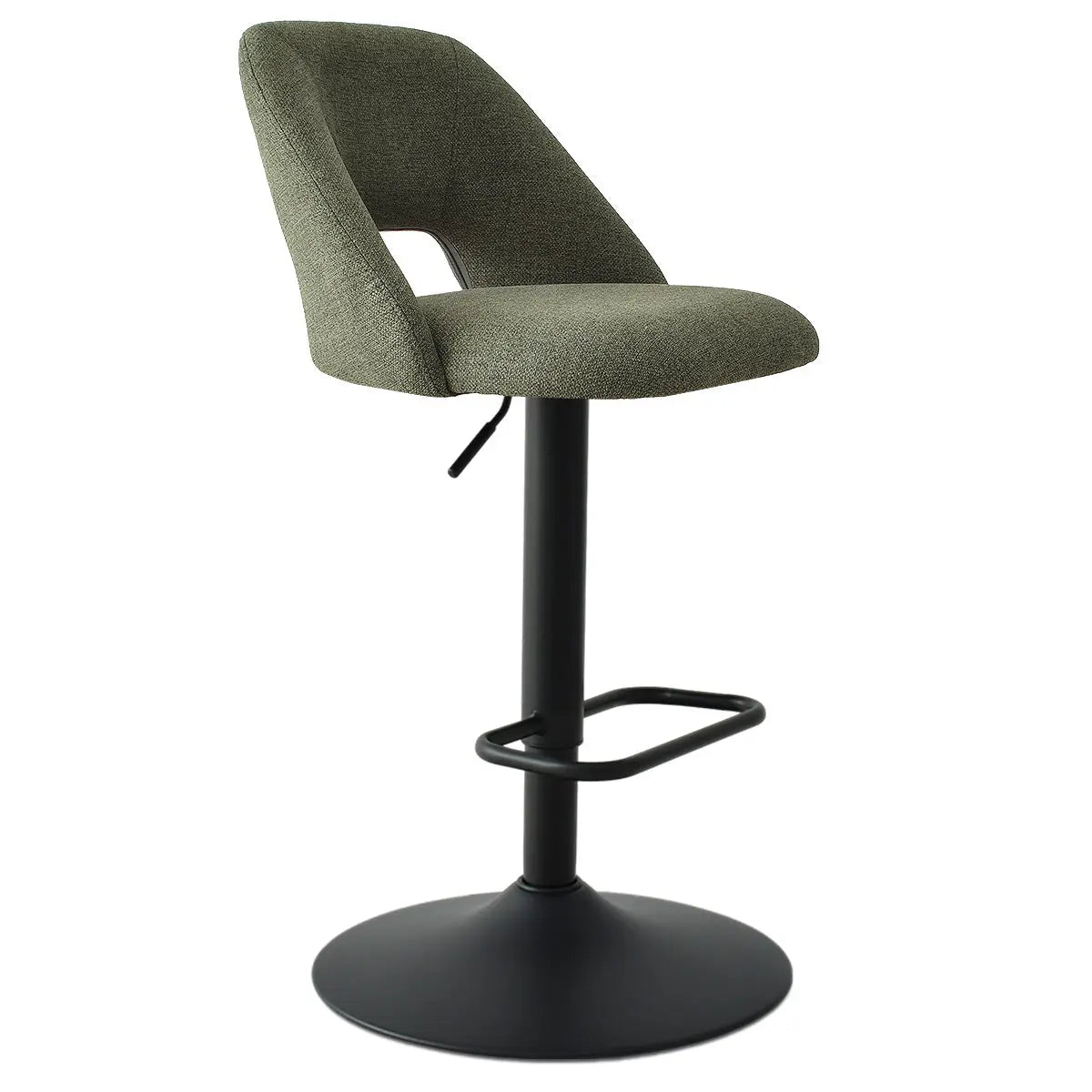 Edwin Modern Swivel Adjustable Counter Stool with green upholstery and black base, dimension included.