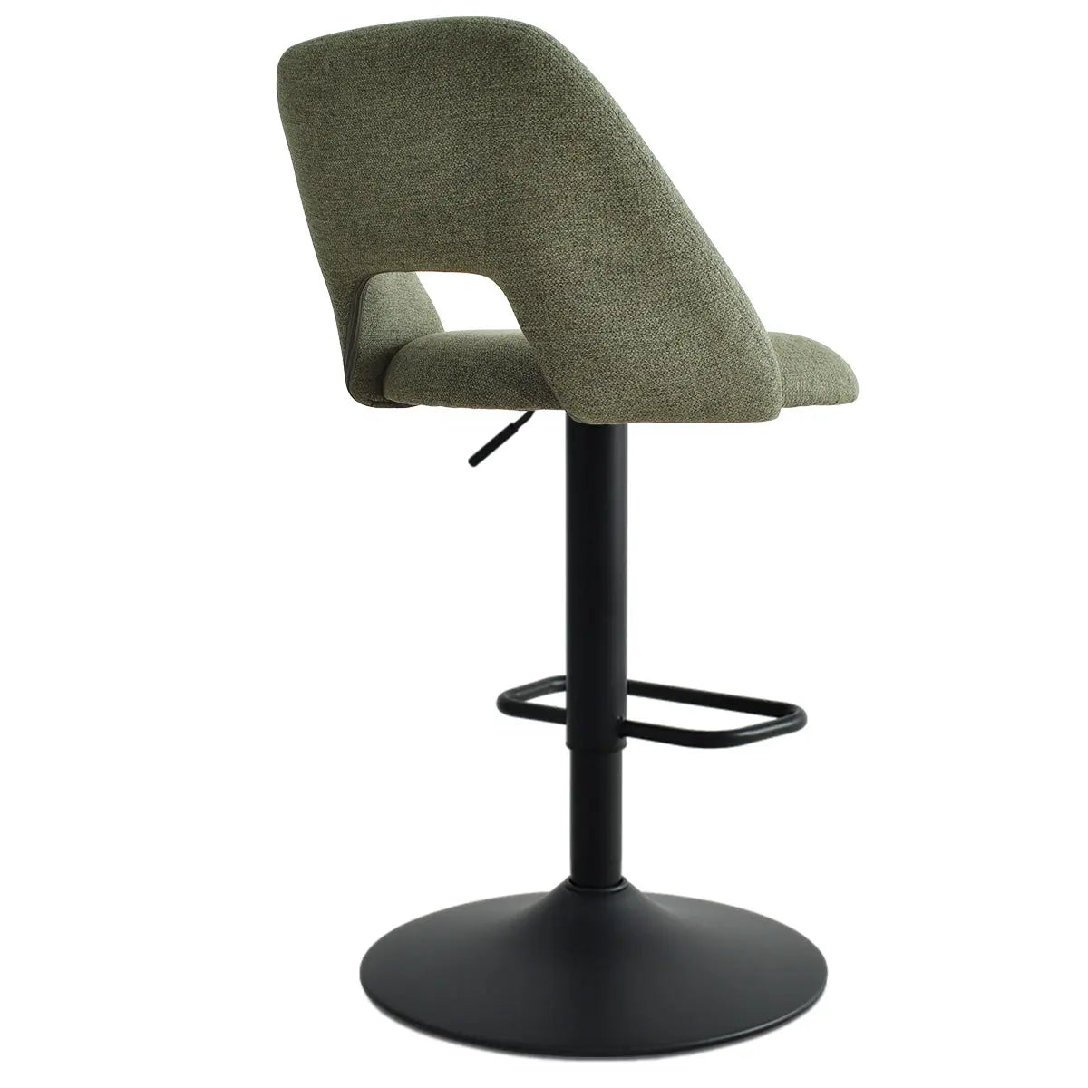 Edwin Modern Upholstered Swivel Stool with black base, green seat, adjustable height.