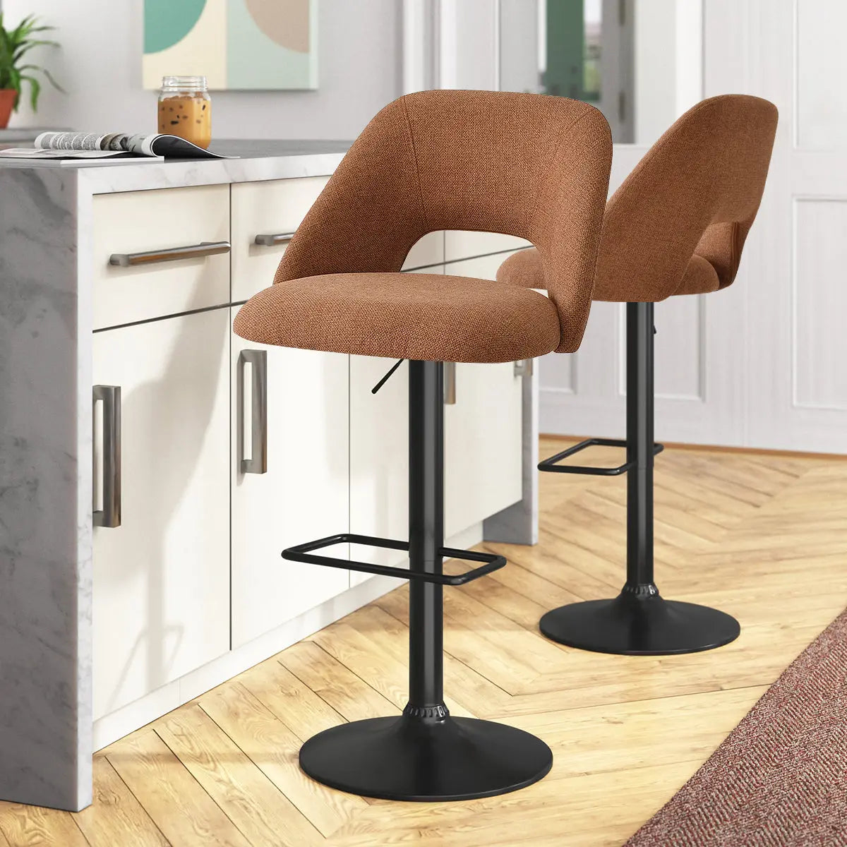 Edwin Modern Swivel Counter Stool, kitchen setting, white cabinets, wood flooring, black base.