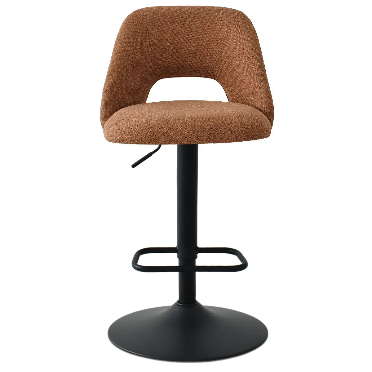 Edwin Modern Upholstered Swivel Adjustable Counter Stool, brown fabric, black base, contemporary design.