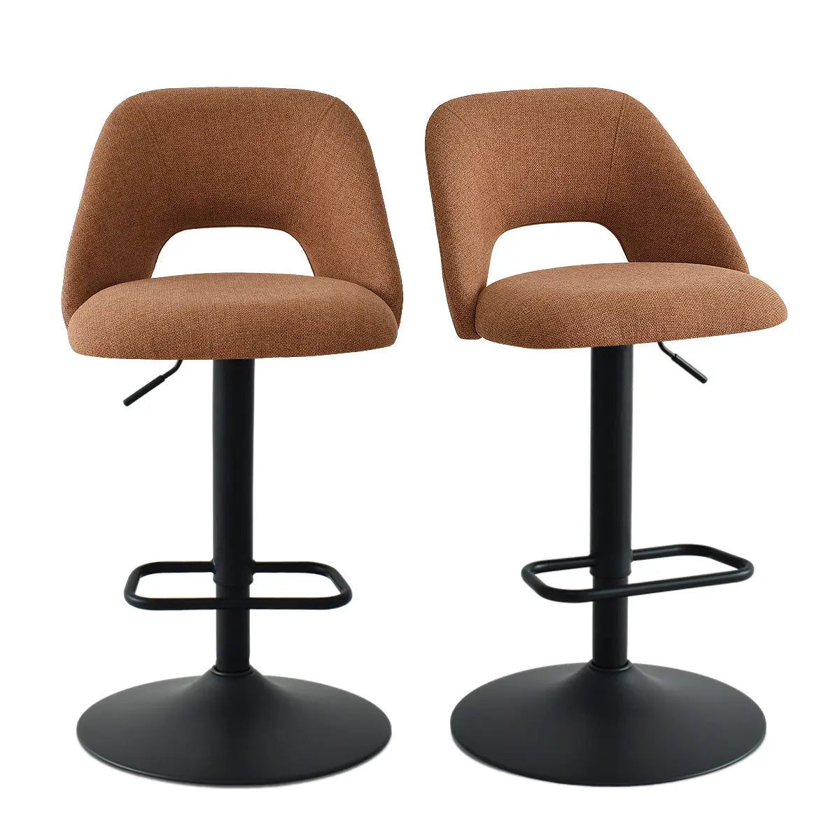 Edwin Modern Upholstered Swivel Adjustable Counter Stool, black base, brown fabric, set of two.