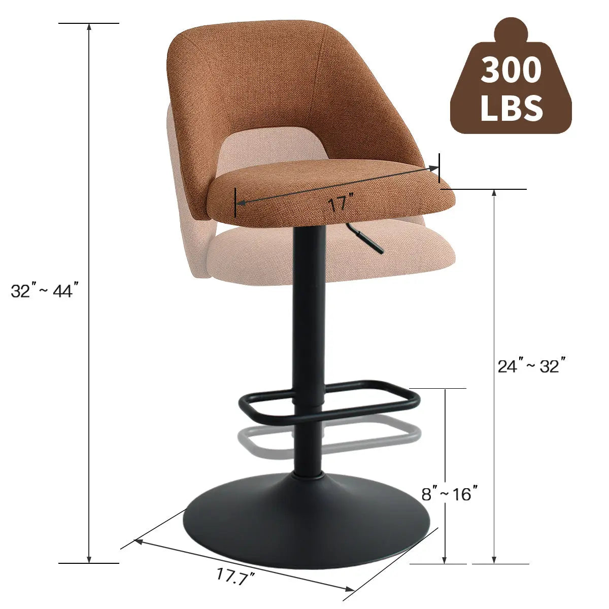 Edwin Modern Upholstered Swivel Adjustable Counter Stool with dimensions and 300 lbs weight capacity.