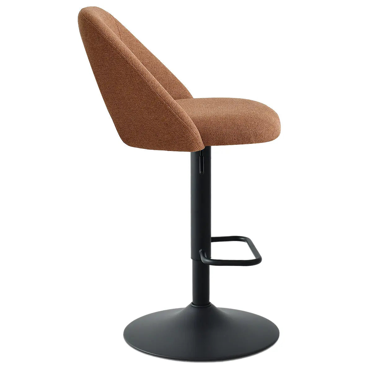 Edwin Modern adjustable counter stool, brown upholstery, black base, swivel feature, side view.