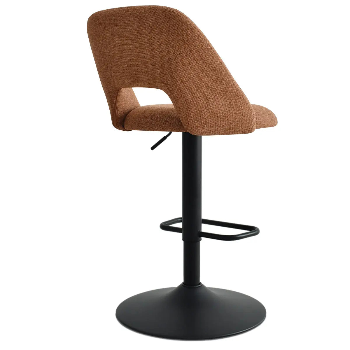 Edwin Modern Upholstered Swivel Adjustable Counter Stool, brown fabric, black metal base, adjustable height.