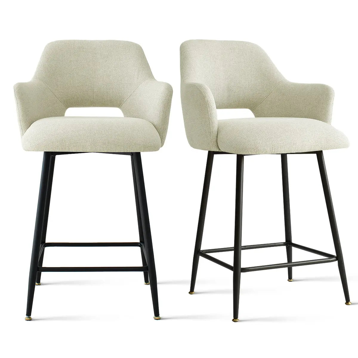 Edwin Modern Upholstered Counter Stool with Arms, sleek beige design, metal legs, contemporary style.