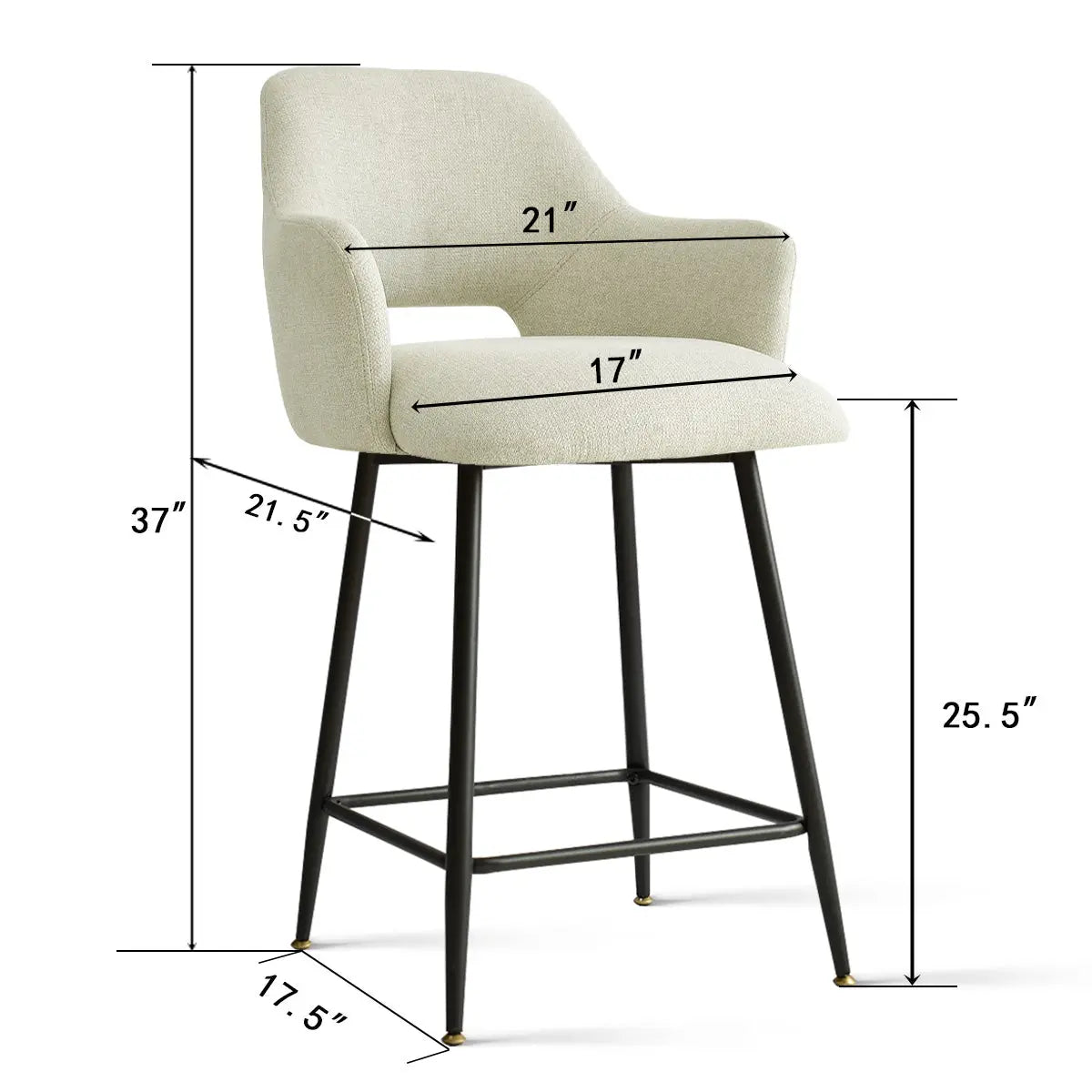 Edwin Modern Upholstered Counter Stool with Arms, dimensions shown; contemporary design, neutral color.