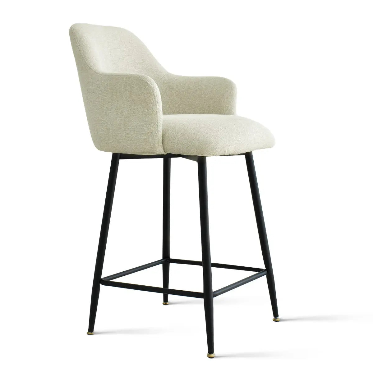 Edwin Modern Upholstered Counter Stool with Arms, beige fabric, black metal legs, no background details.