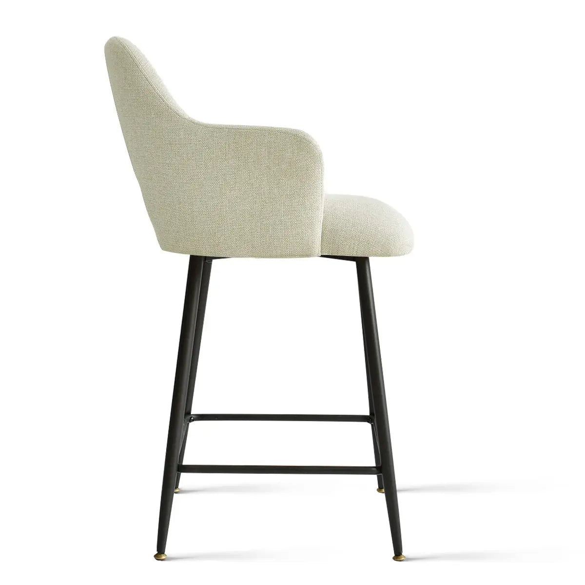 Side view of Edwin Modern Upholstered Counter Stool with Arms, sleek design, light fabric, metal legs.