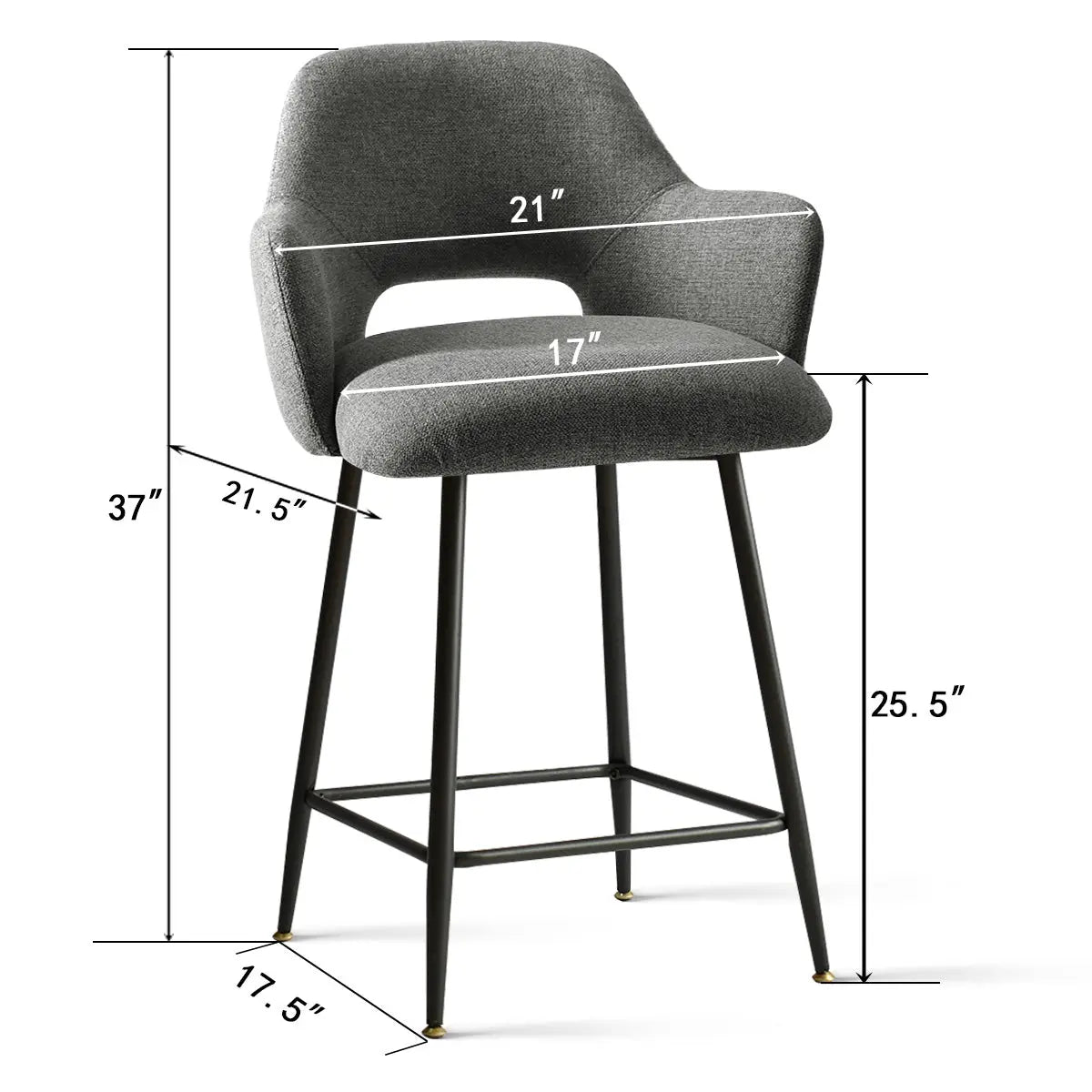 Edwin Modern Upholstered Counter Stool with Arms, gray fabric, dimensions indicated, sturdy black legs.