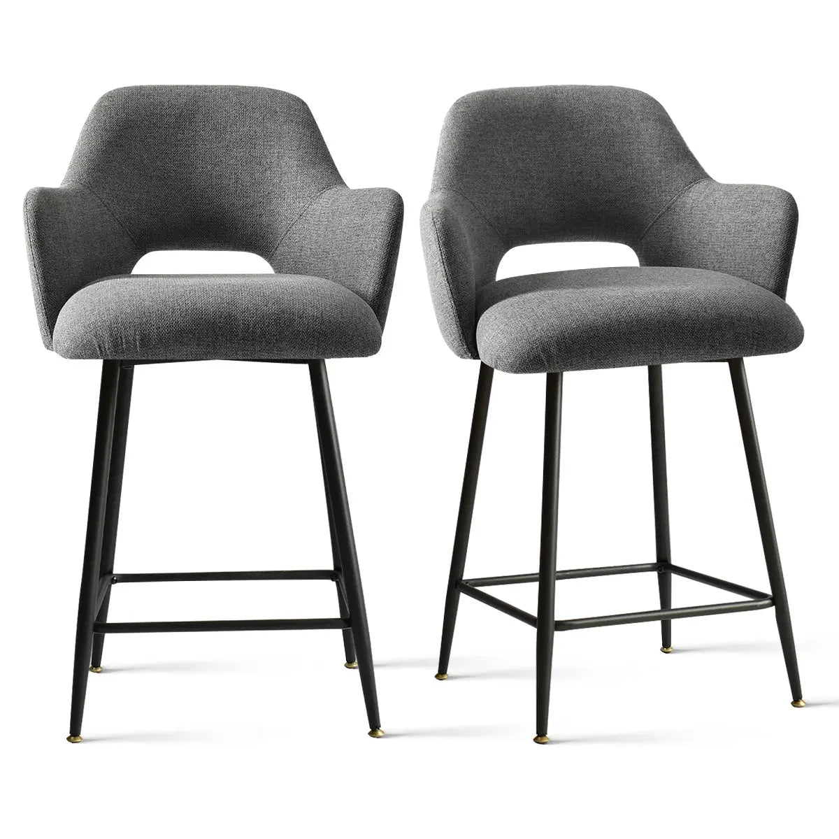 Edwin Modern Upholstered Counter Stools with arms, sleek design, gray fabric, metal legs.