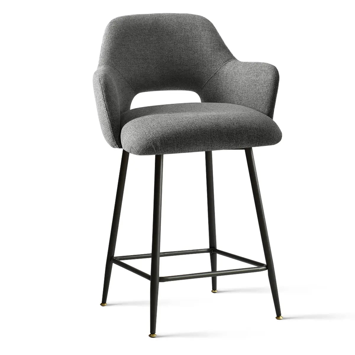 Edwin Modern Upholstered Counter Stool with Arms on white background, grey fabric, metal legs.