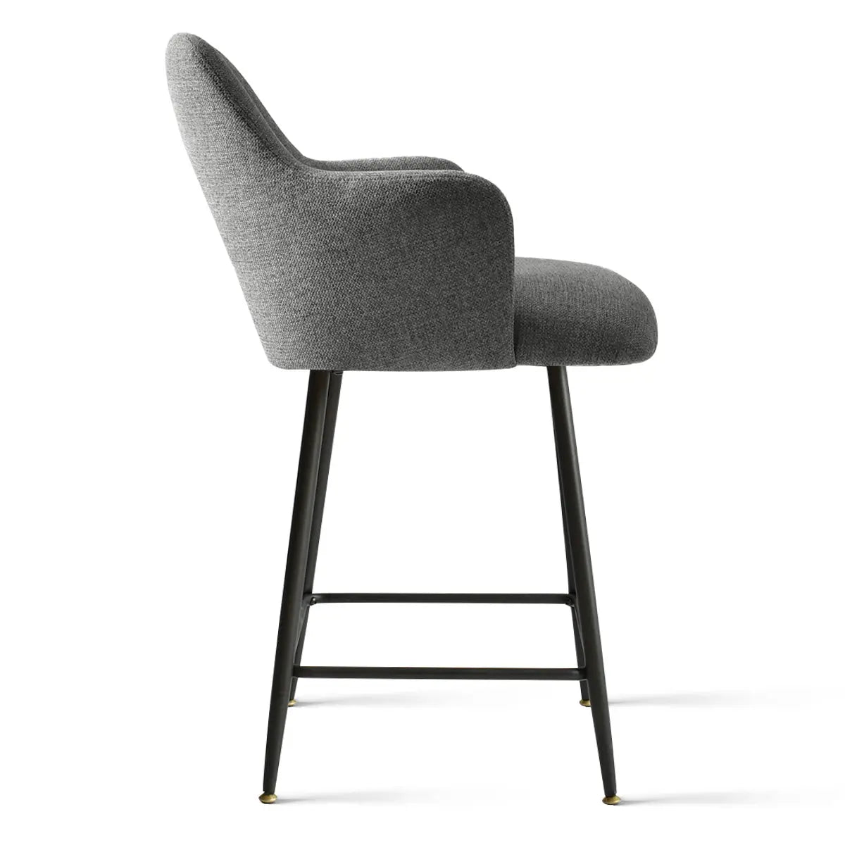 Edwin Modern Upholstered Counter Stool with Arms, gray fabric, black metal legs, side view.