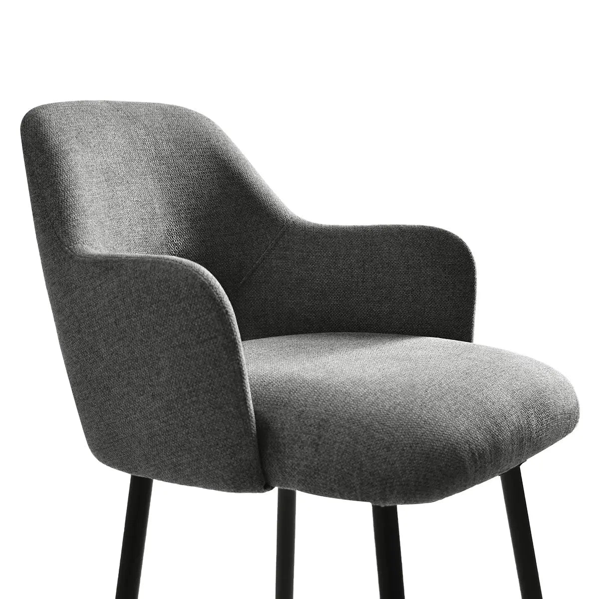 Edwin Modern Upholstered Counter Stool with Arms in gray, featuring sleek black legs.