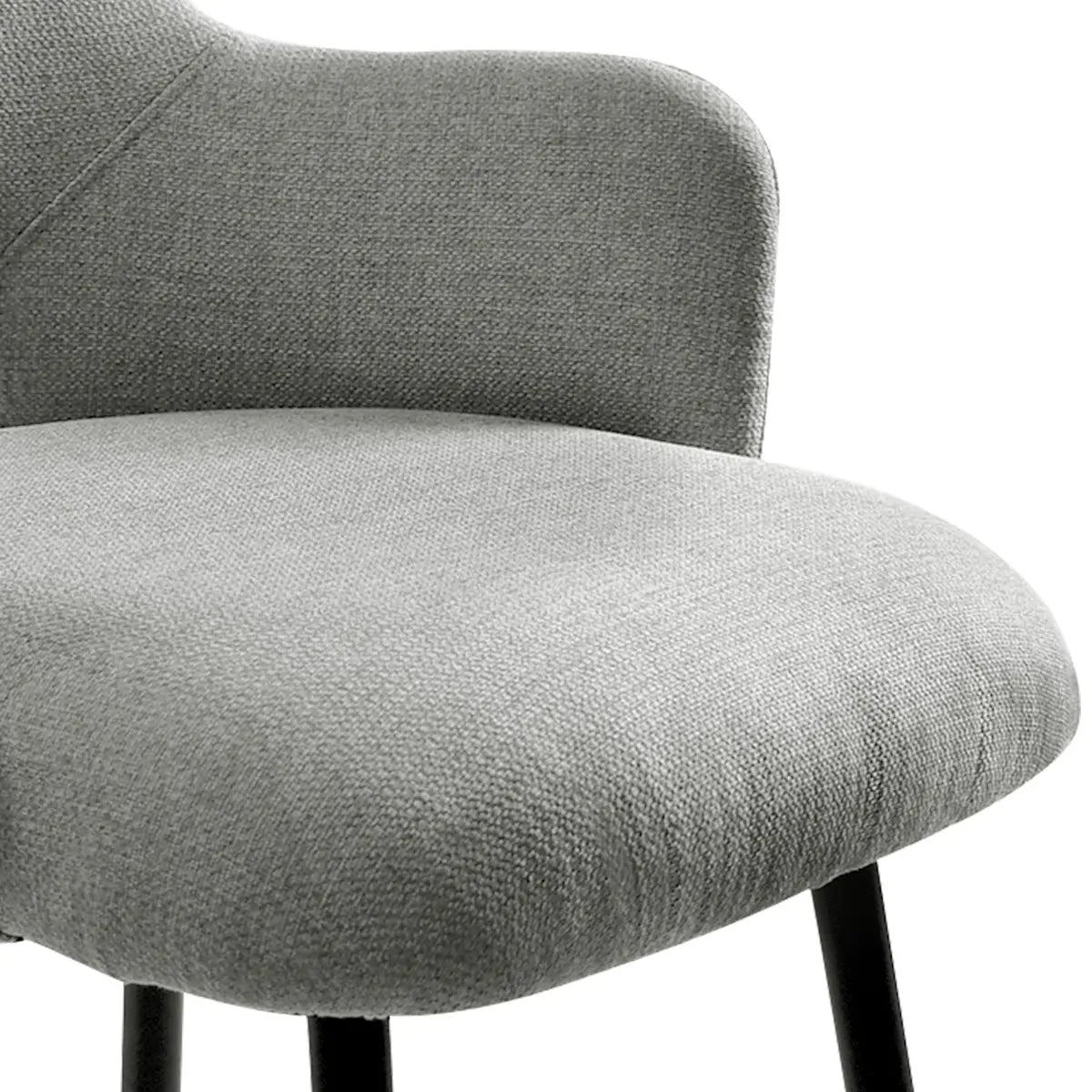 Edwin Modern Upholstered Counter Stool with Arms, grey fabric with black legs, close-up view.