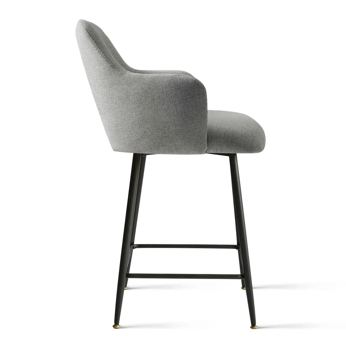 Edwin Modern Upholstered Counter Stool with Arms, side view, grey fabric, sleek minimalist design.