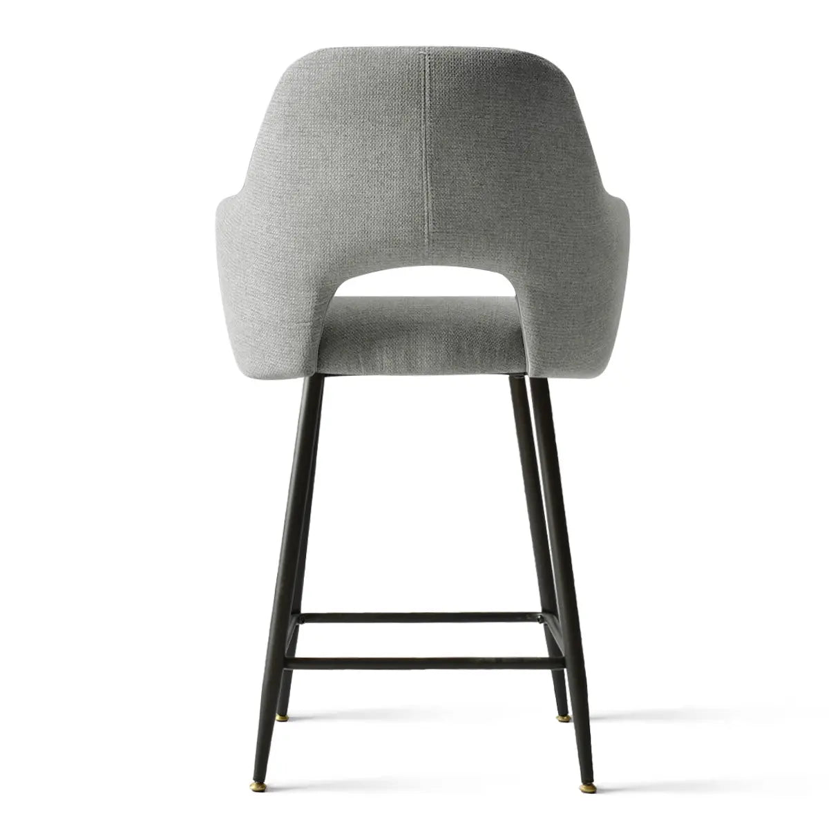 Gray Edwin Modern Upholstered Counter Stool with Arms, black legs; minimalist design, solid backdrop.