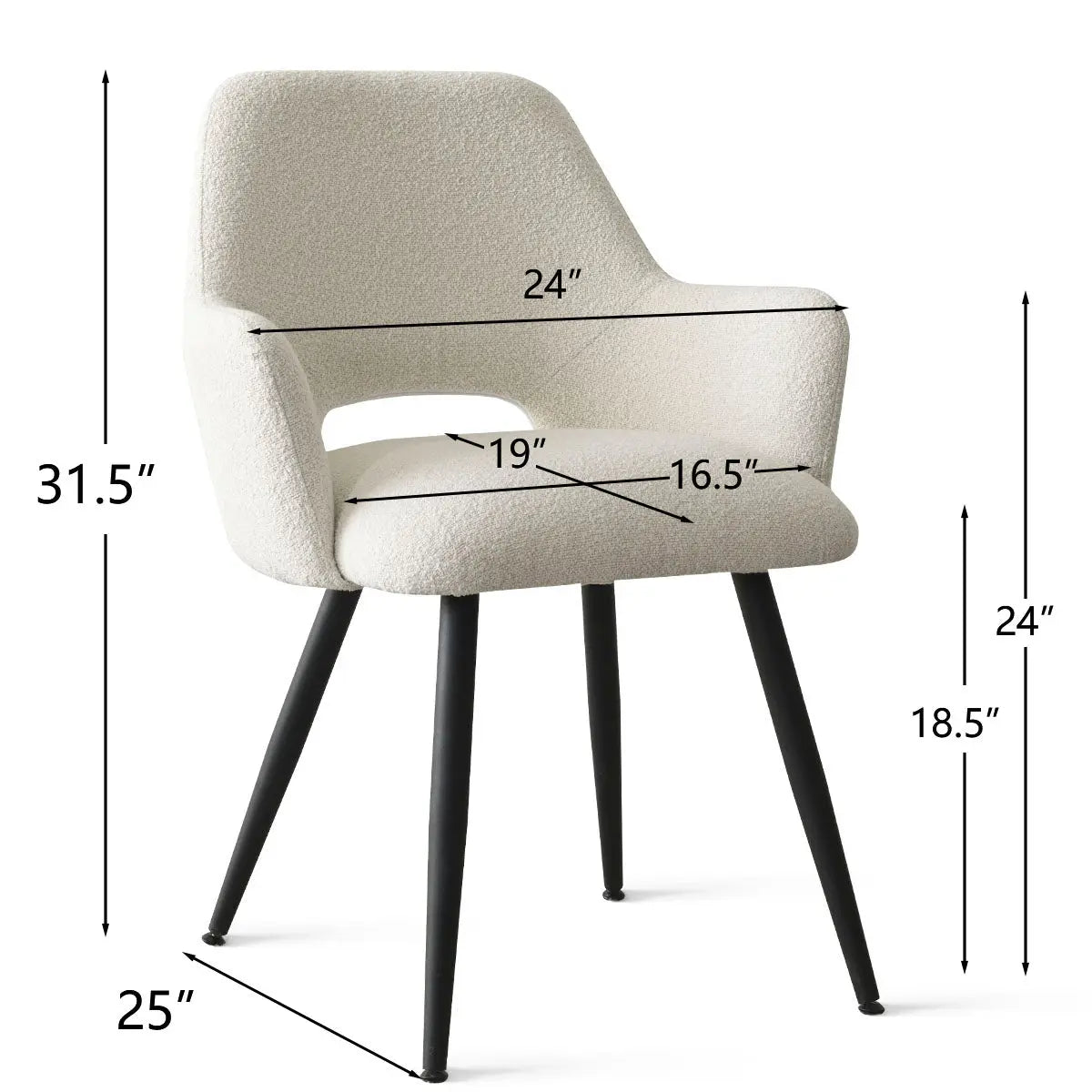 Edwin Modern Dining Chair with Arms dimensions, white upholstery, black legs, contemporary style.